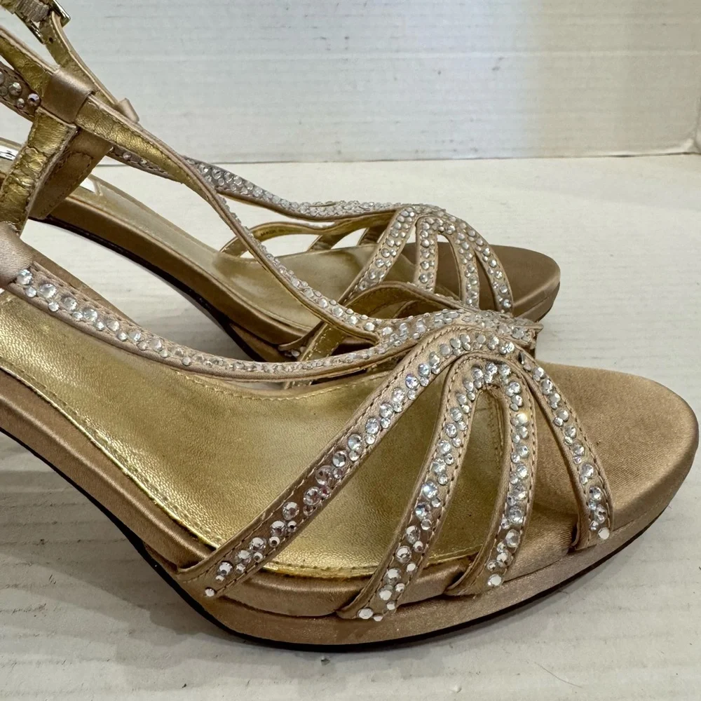Nina Gold Rhinestone Strappy Heels Sz 7.5 Party Shoes Wedding Formal Cocktail